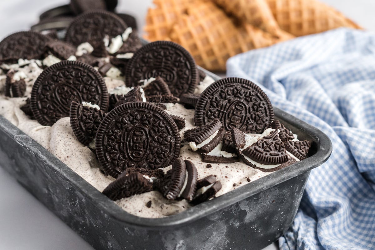 angled shot of oreo ice cream in bread pan