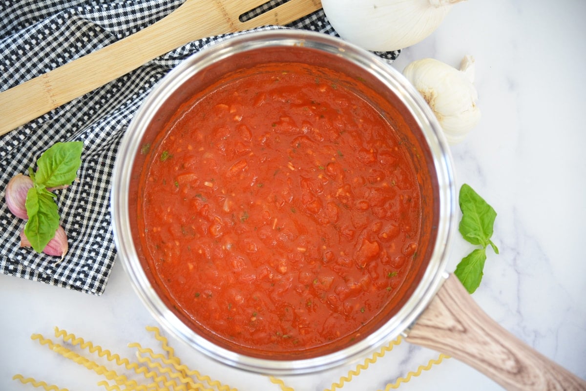 freshly made pomodoro sauce in a saucepan 