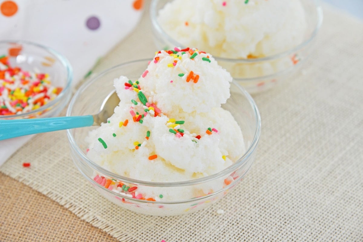 heaping bowl of snow ice cream with sprinkles 