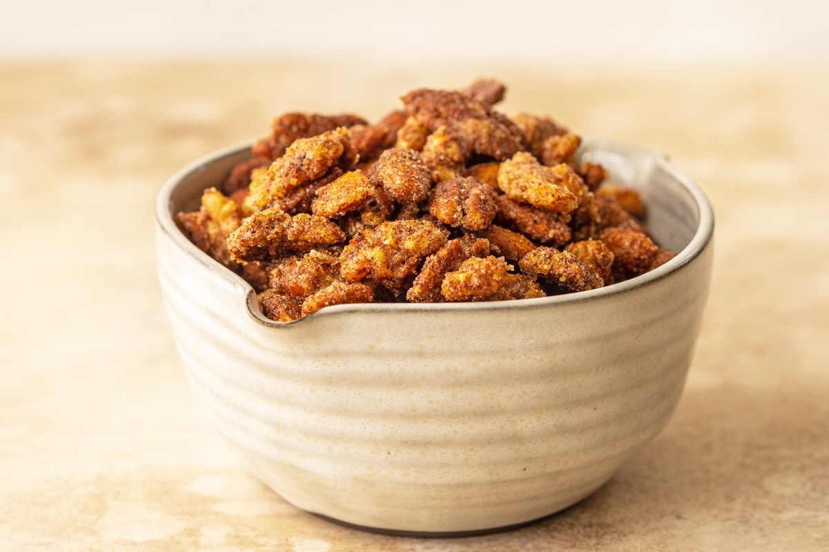 Angle view of mixed nuts in a small bowl 