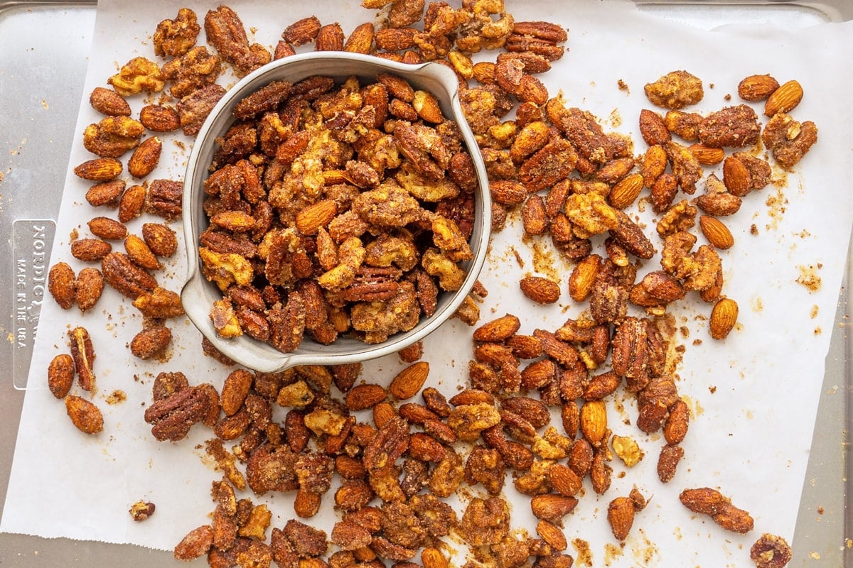 homemade party nuts on a baking sheet 