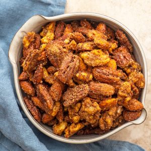 overhead bowl of mixed spiced nuts