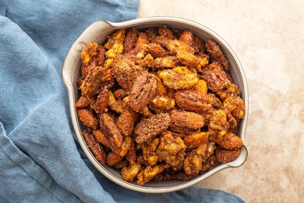 overhead bowl of mixed spiced nuts