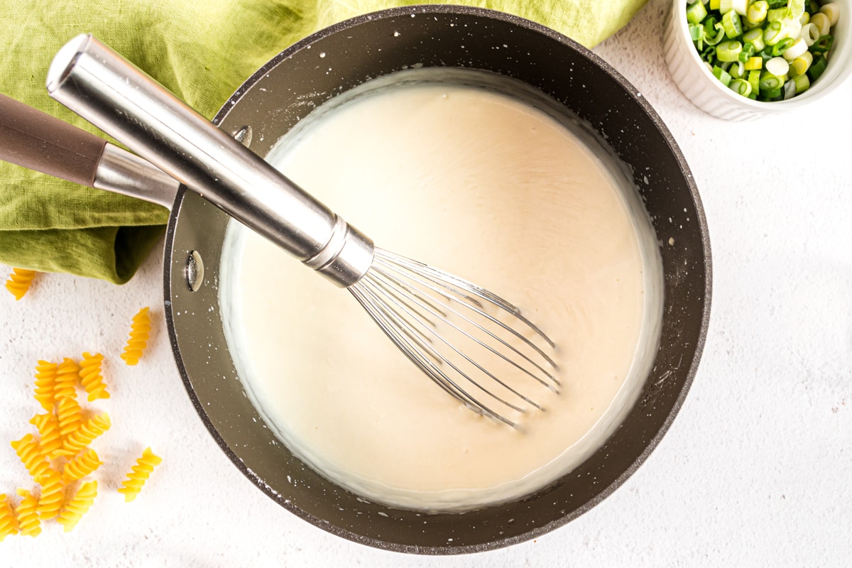 overhead of making a bechamel sauce in a saucepan 