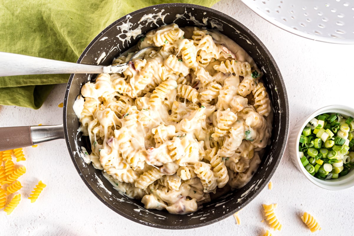 overhead shot of mac and cheese in a pan
