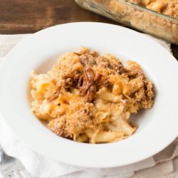 bowl of homemade mac and cheese with pulled pork
