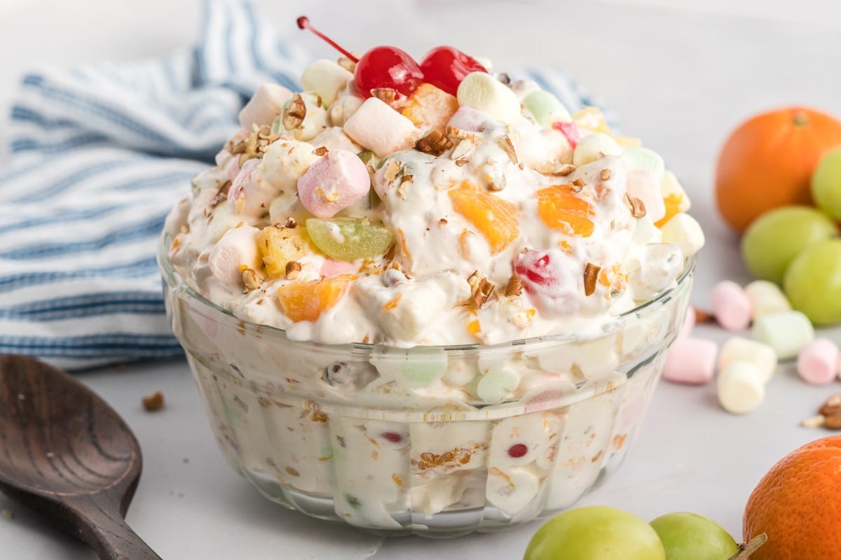 angle view of ambrosia salad in a glass bowl 