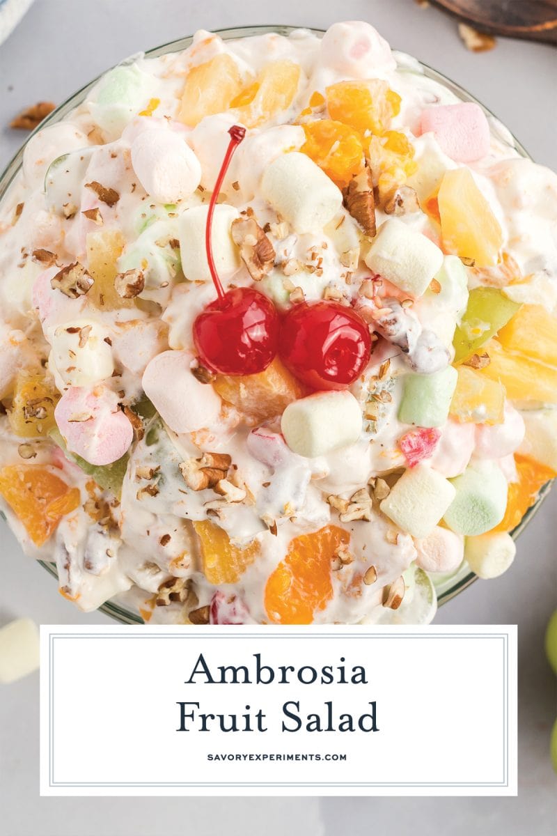 close up overhead of ambrosia salad for pinterest 