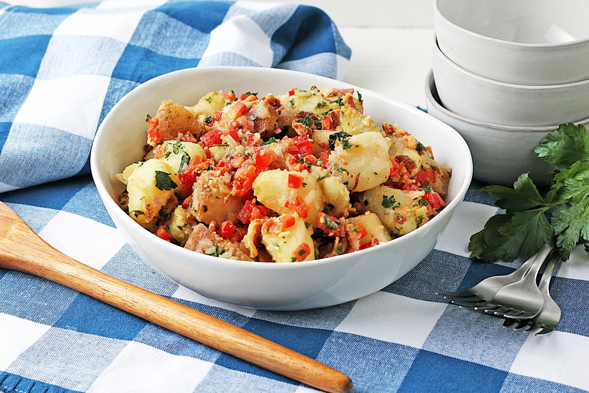 close up of bacon potato salad on a table 