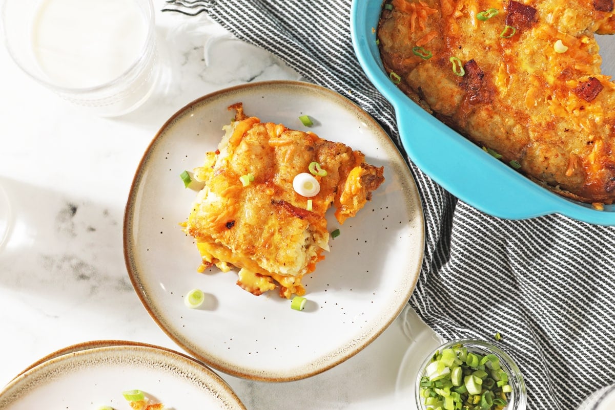 slice of tater tot casserole on a white plate 