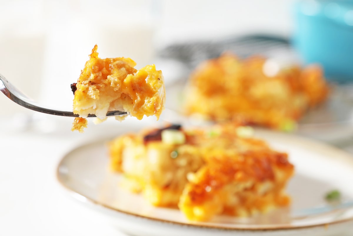 bite of cheesy breakfast casserole 