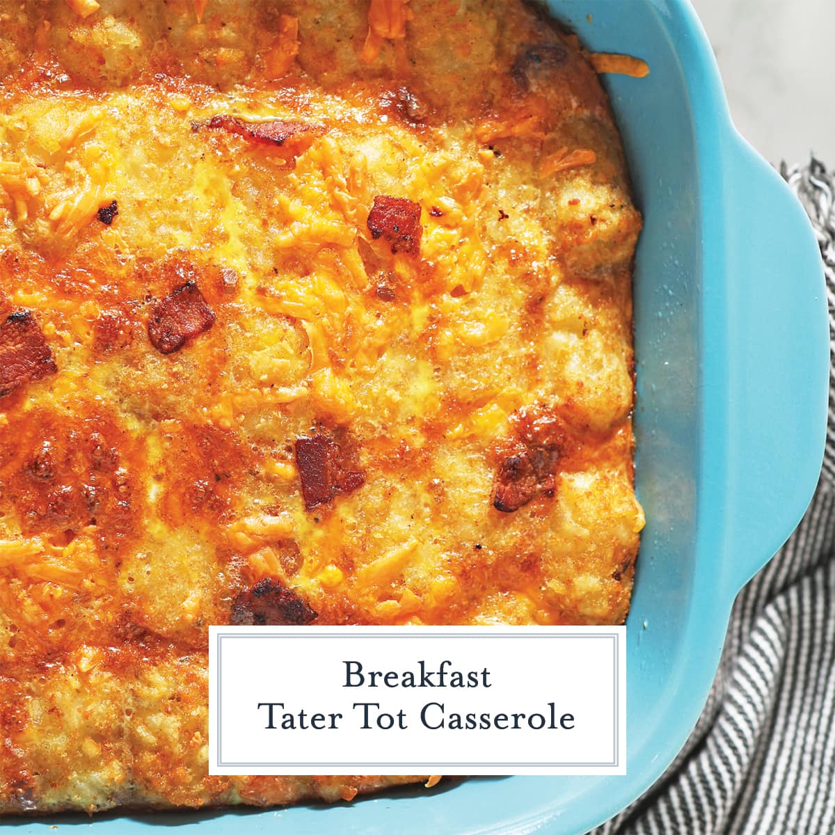 overhead of tater tot casserole with bacon and cheese