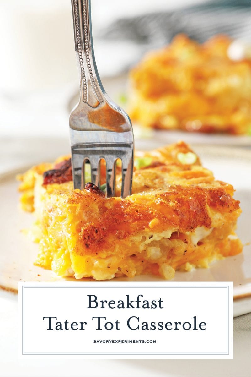 fork digging into cheesy breakfast casserole 