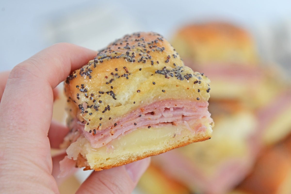 hand holding ham and cheese slider with poppy seed topping 