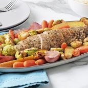 sliced pork tenderloin with roasted veggies