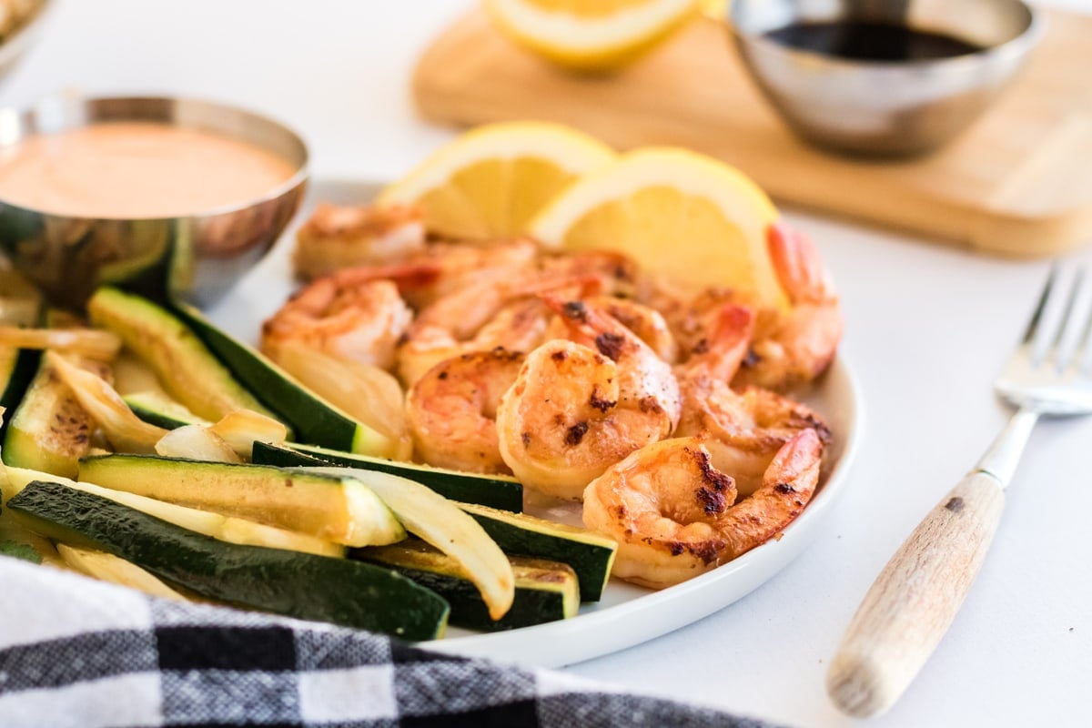 angle view of hibachi shrimp with vegetables