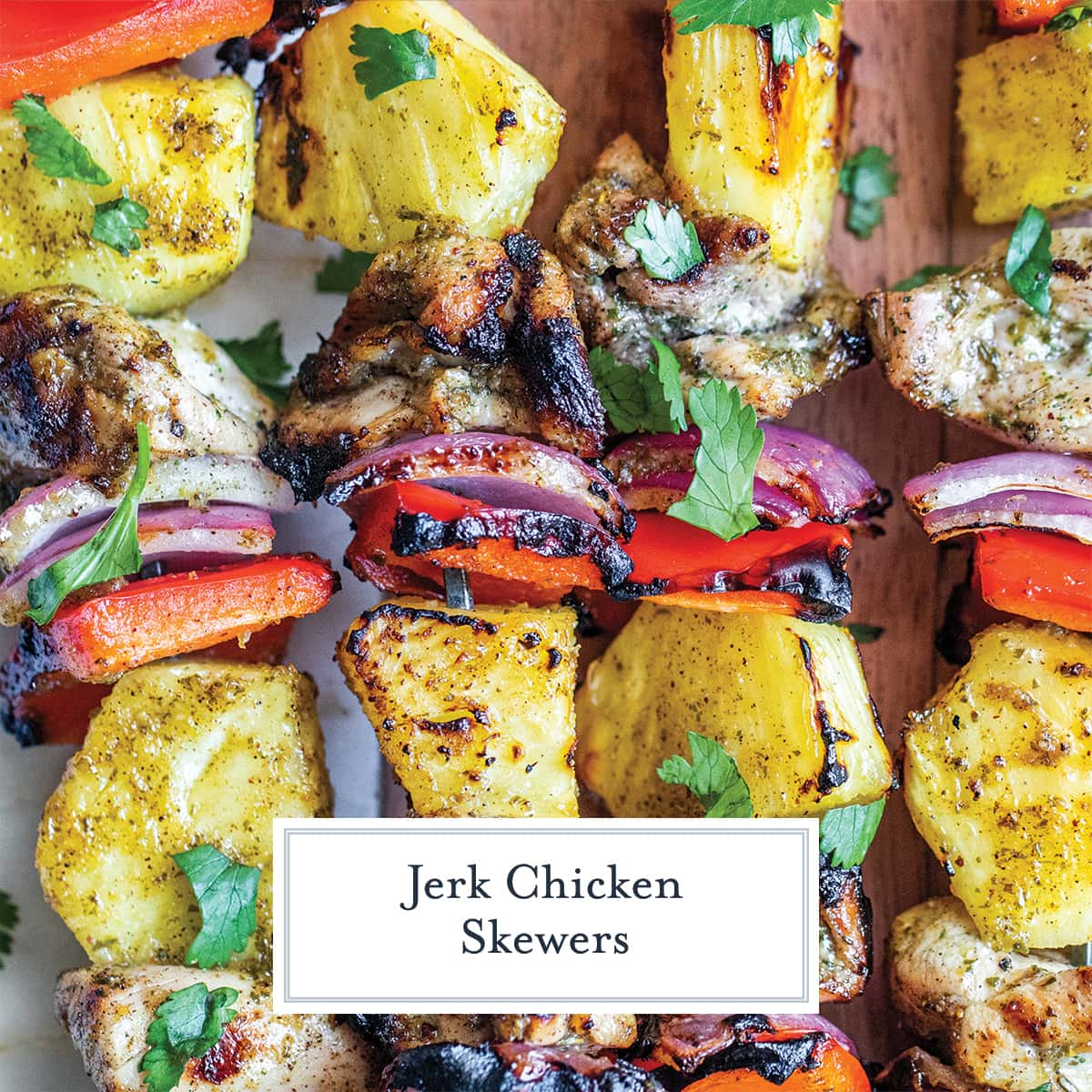 close up of chicken skewers with jerk marinade 