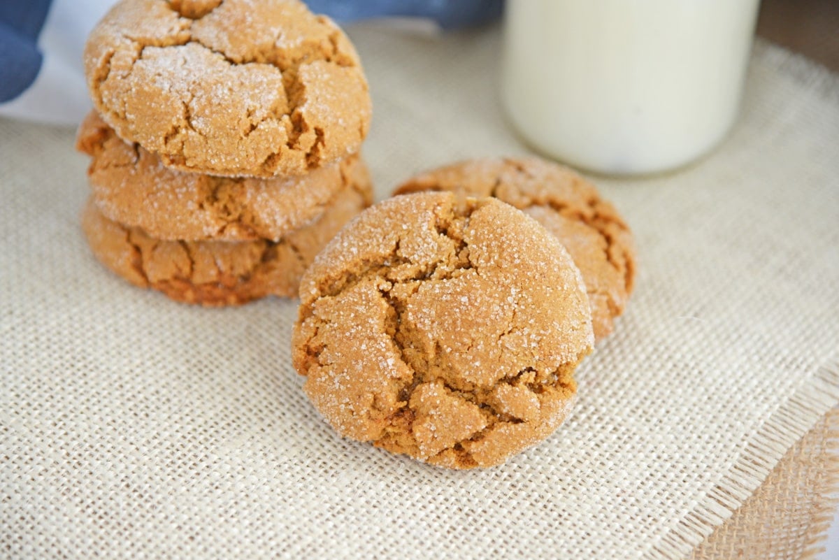 soft molasses cookies on white burlap 