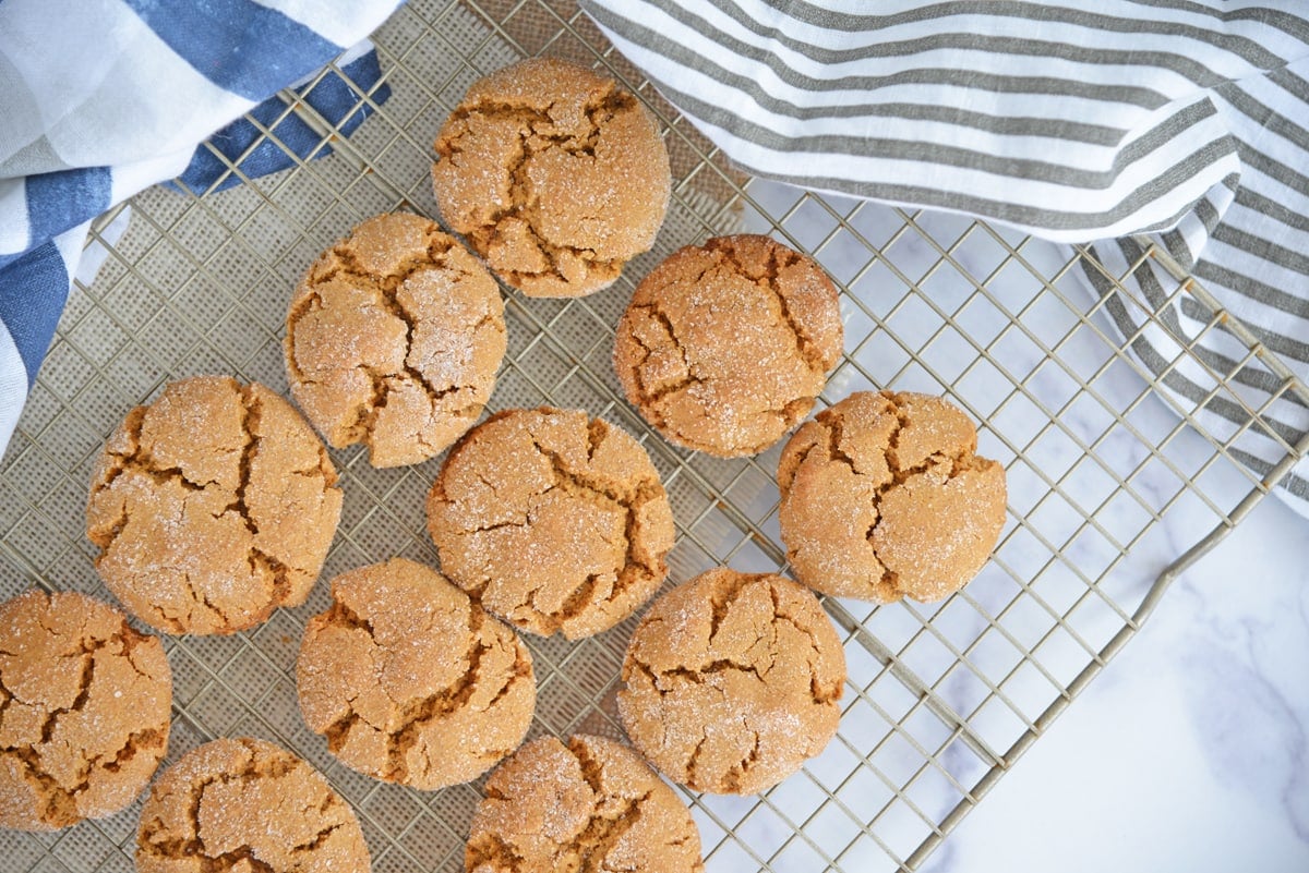 ginger molasses cookies on a wire cooling rack 