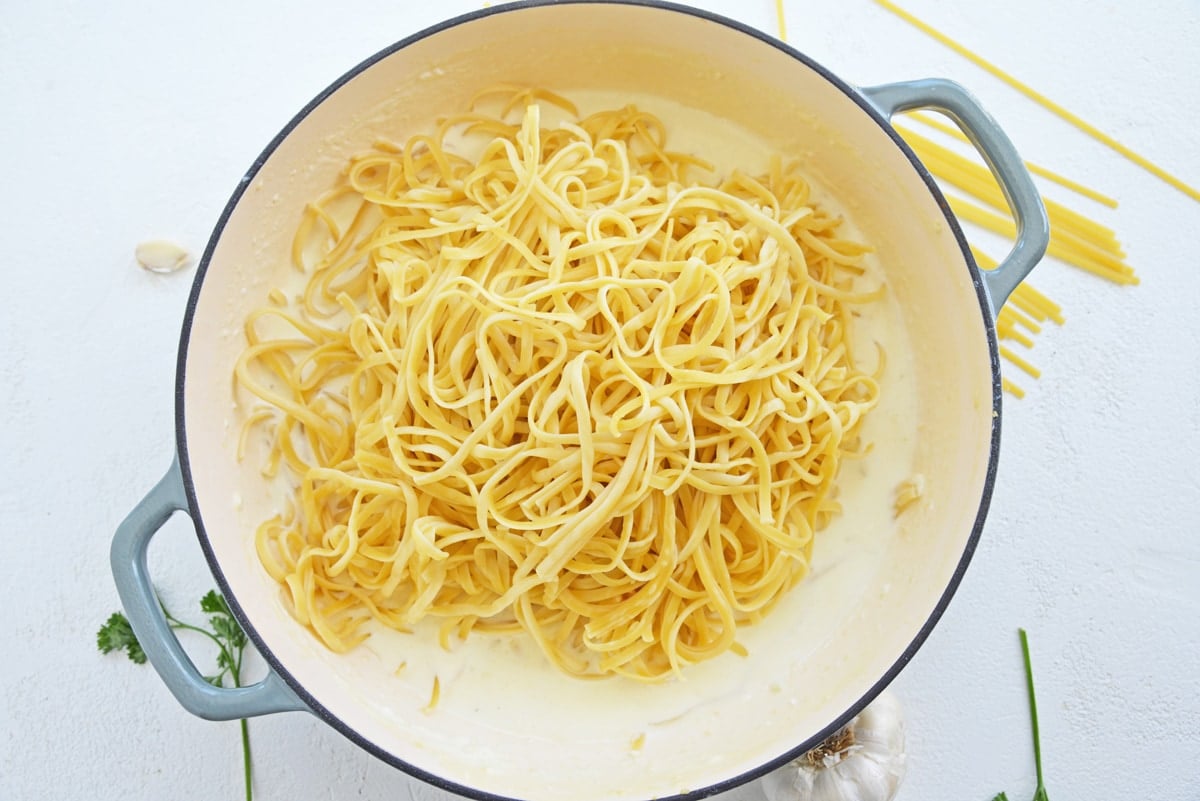 dutch oven with parmesan cream sauce and spaghetti 