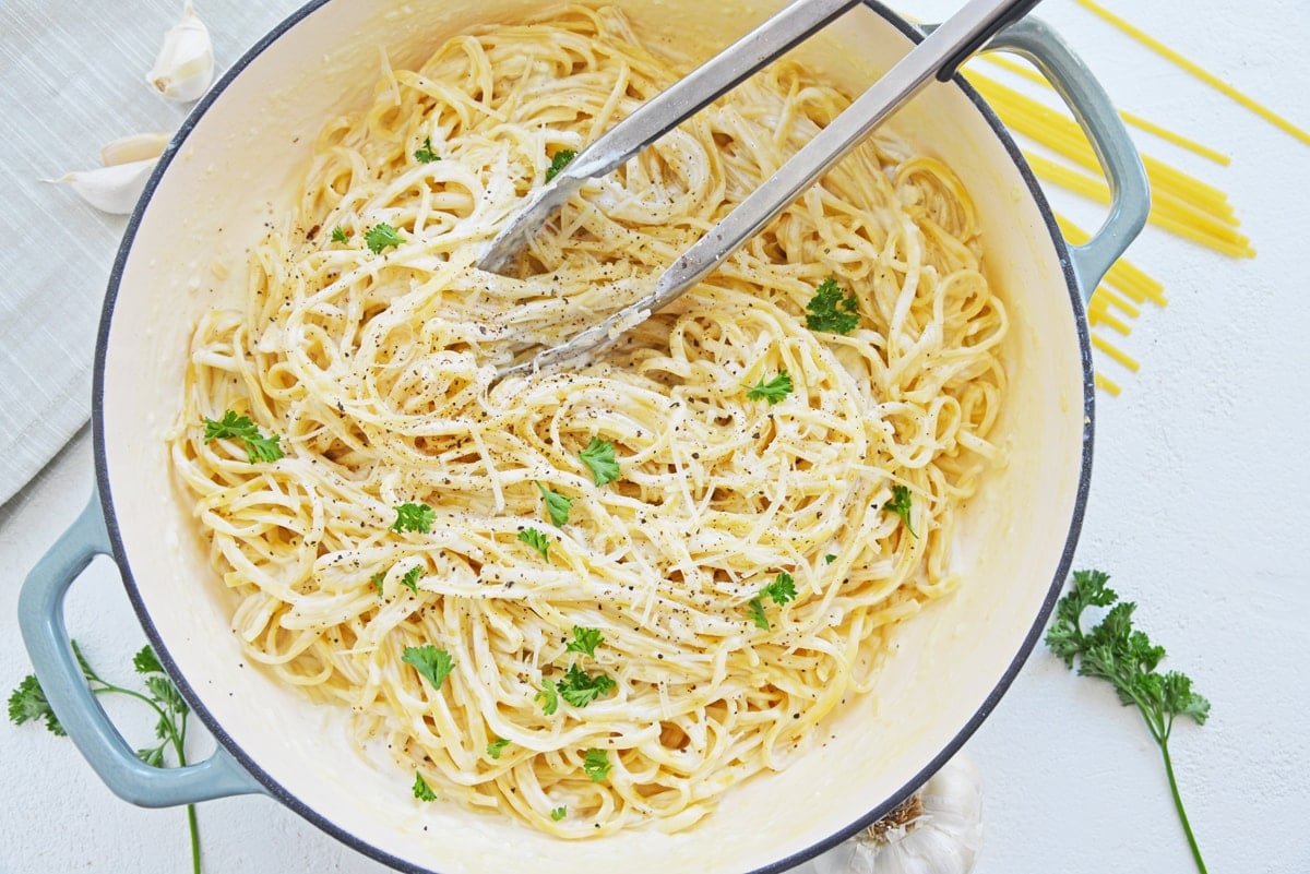 overhead of cream cheese linguine recipe 