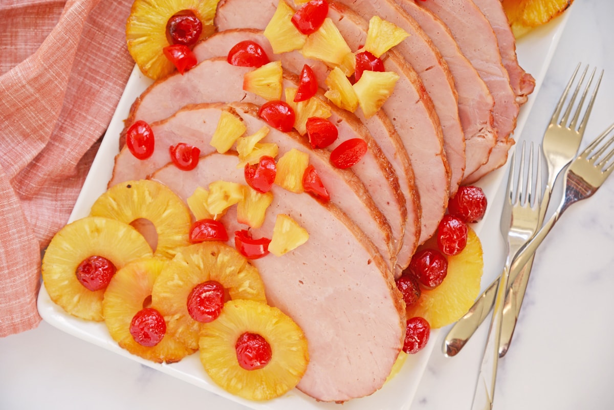 sliced ham with pineapple and cherries pieces
