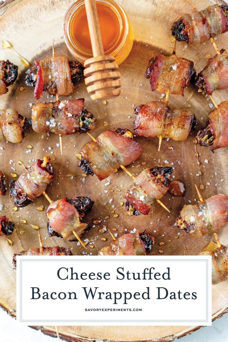 overhead shot of cheese stuffed bacon wrapped dates with text overlay
