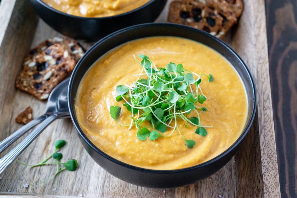 close up of squash soup with apple 