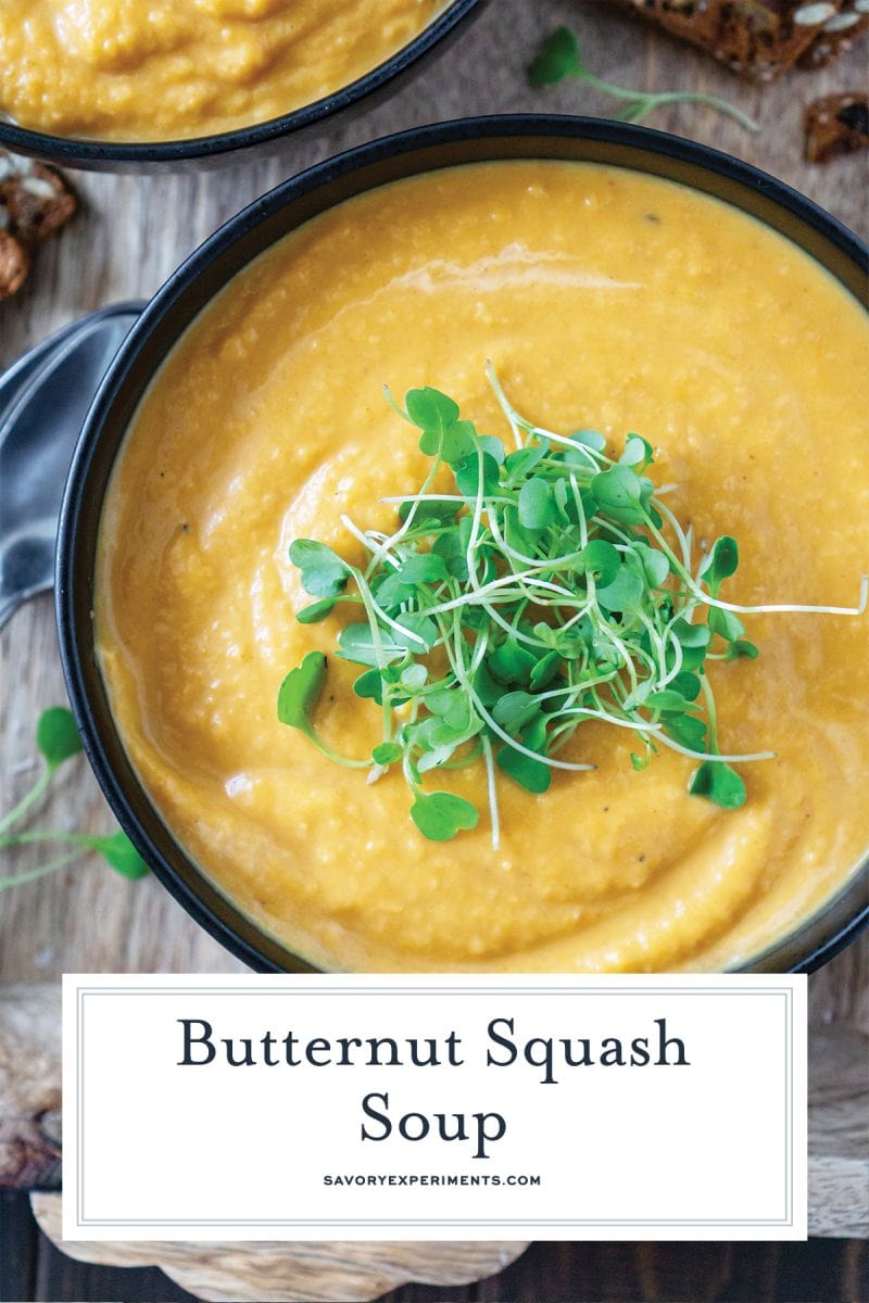 overhead close up of garnished squash soup  