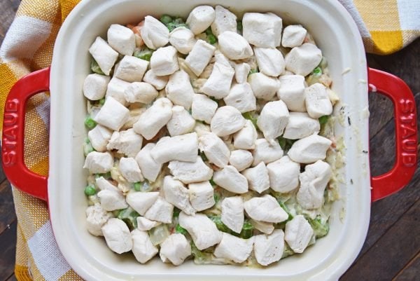 cut biscuit dough on chicken casserole