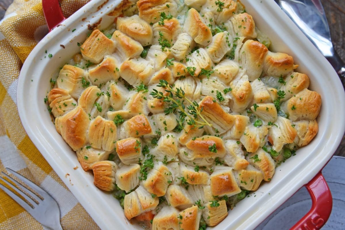 overhead of biscuit dough chicken casserole 