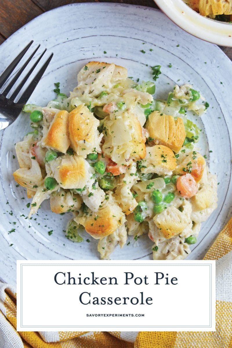 close up of chicken pot pie casserole served on a plate 