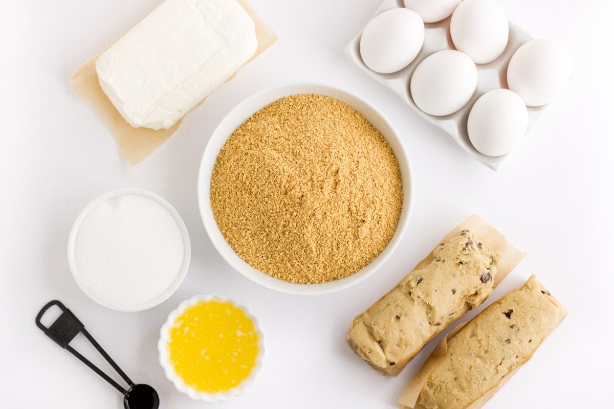 ingredients for chocolate chip cookie cheesecake bars 