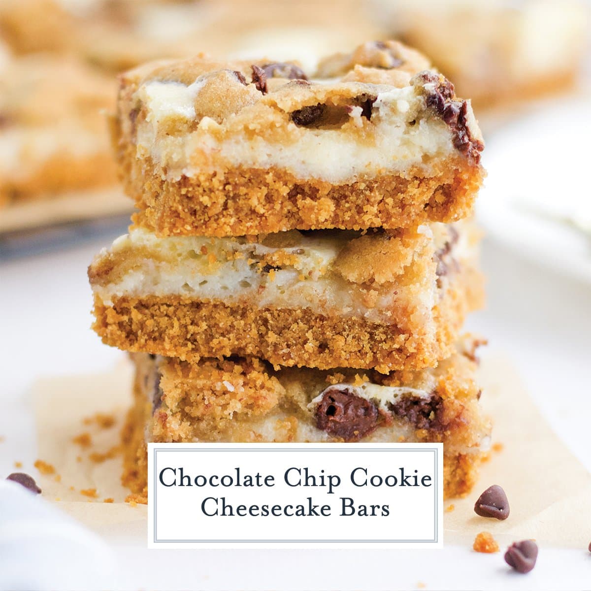 pile of 3 chocolate chip cookie cheesecake bars in a stack 