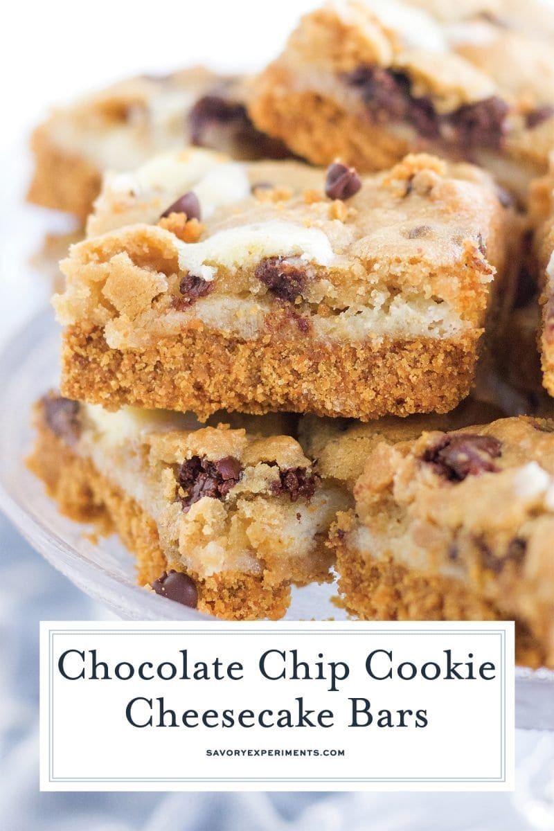 close up of chocolate chip cookie cheesecake bar