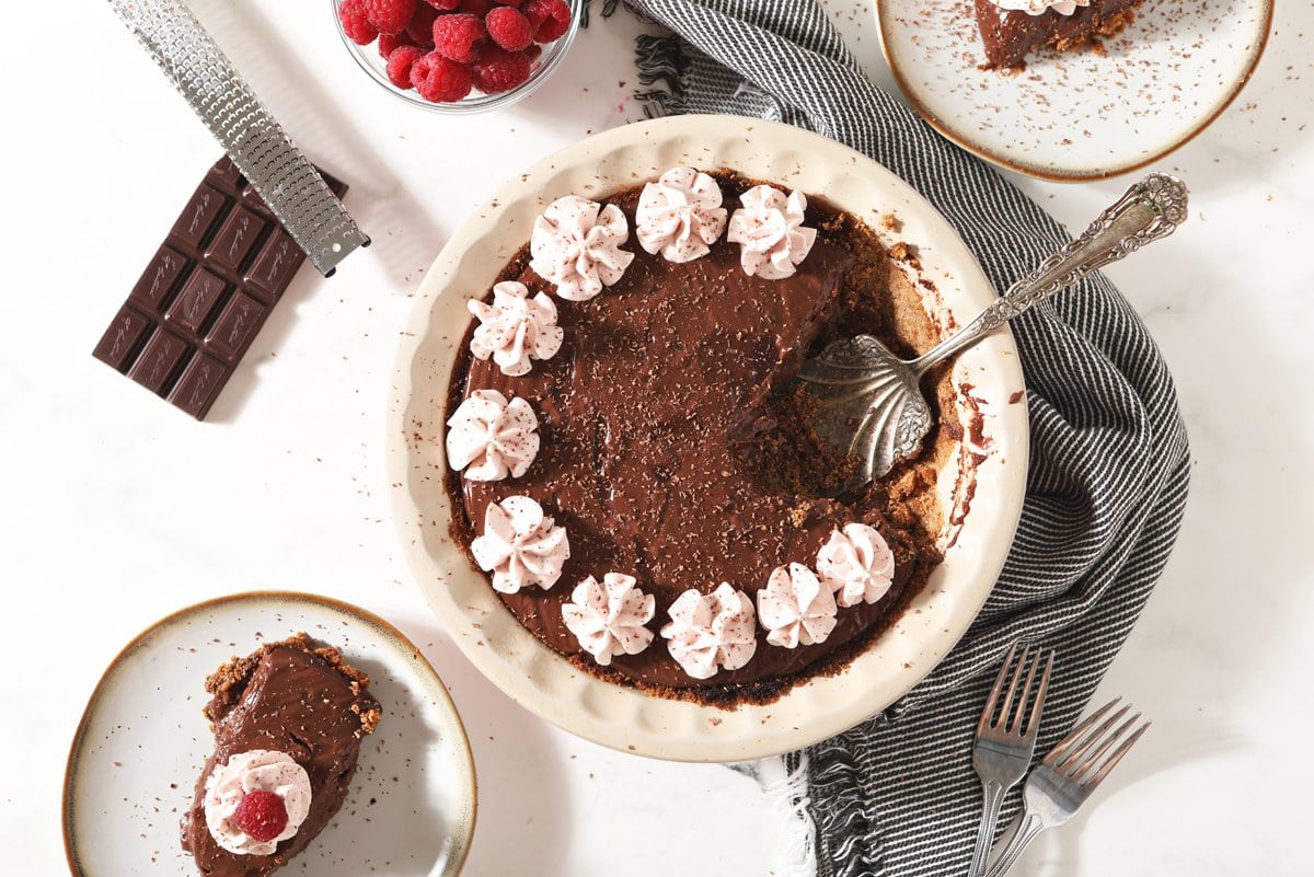 overhead of chocolate pudding pie 