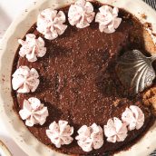 overhead of chocolate pudding pie