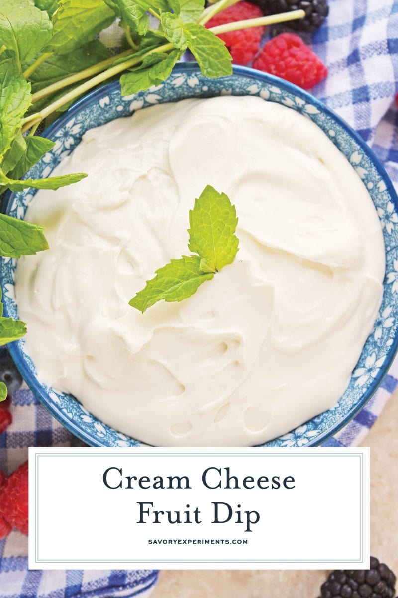 close up overhead shot of cream cheese fruit dip in blue bowl with text overlay for pinterest