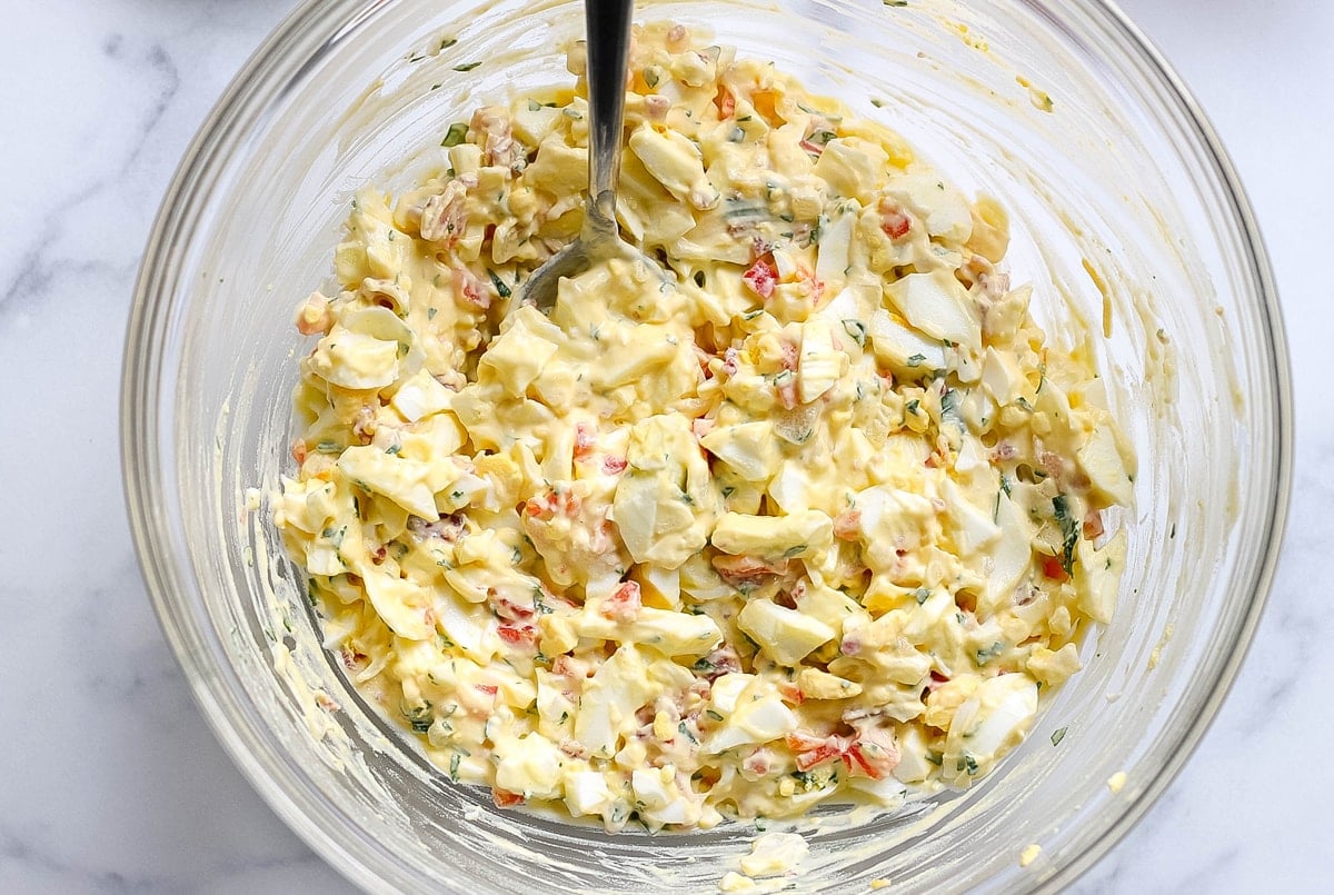 how to make egg salad in a large glass mixing bowl  