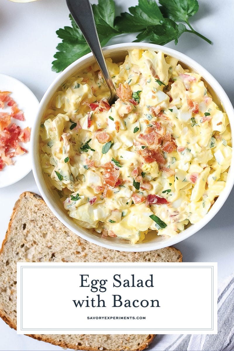 close up of egg salad with bacon  