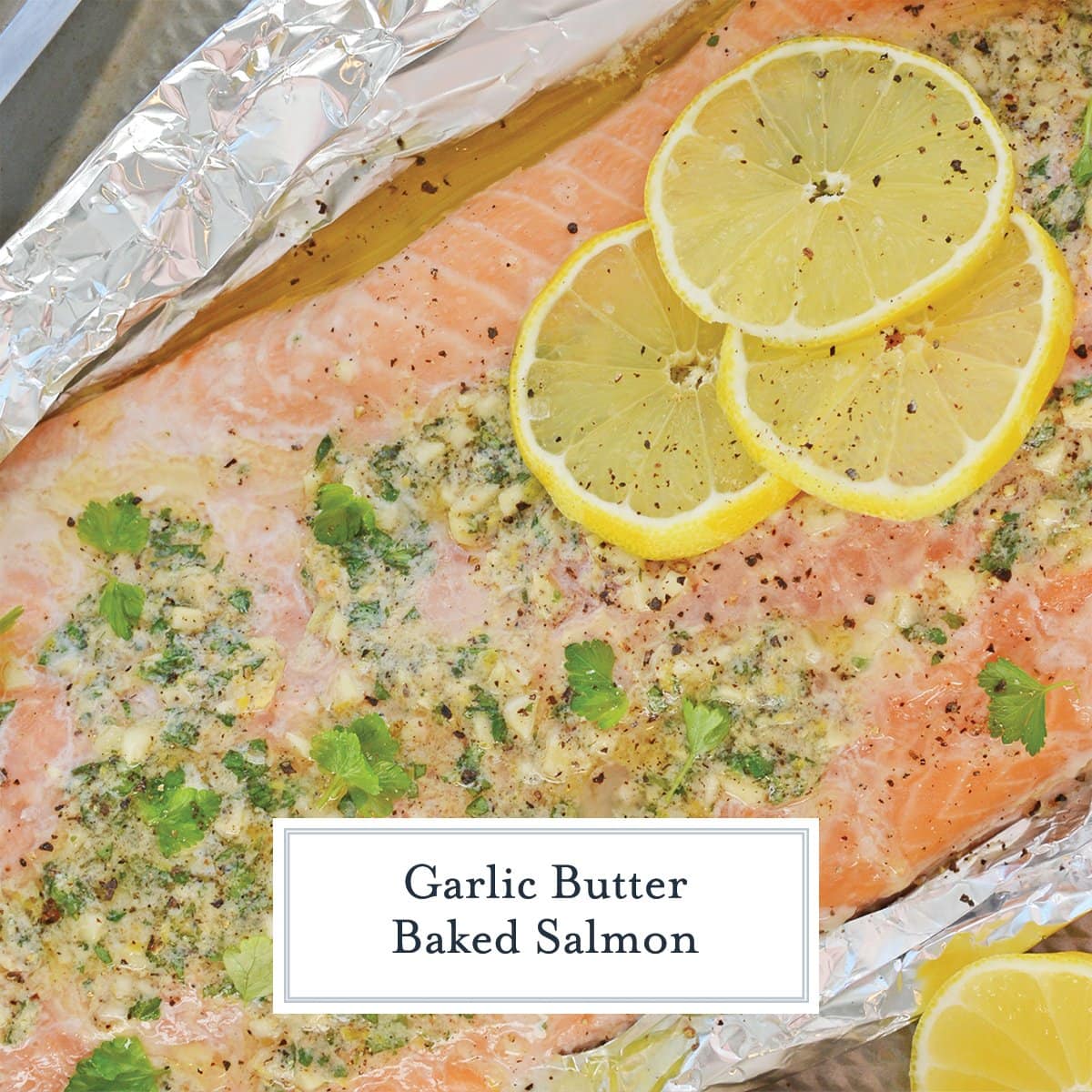 close up of salmon fillet in garlic butter sauce 