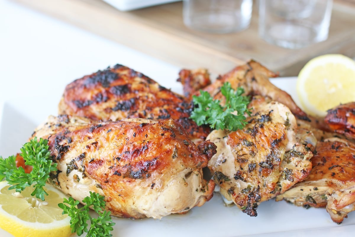 angle view of marinated and grilled chicken pieces