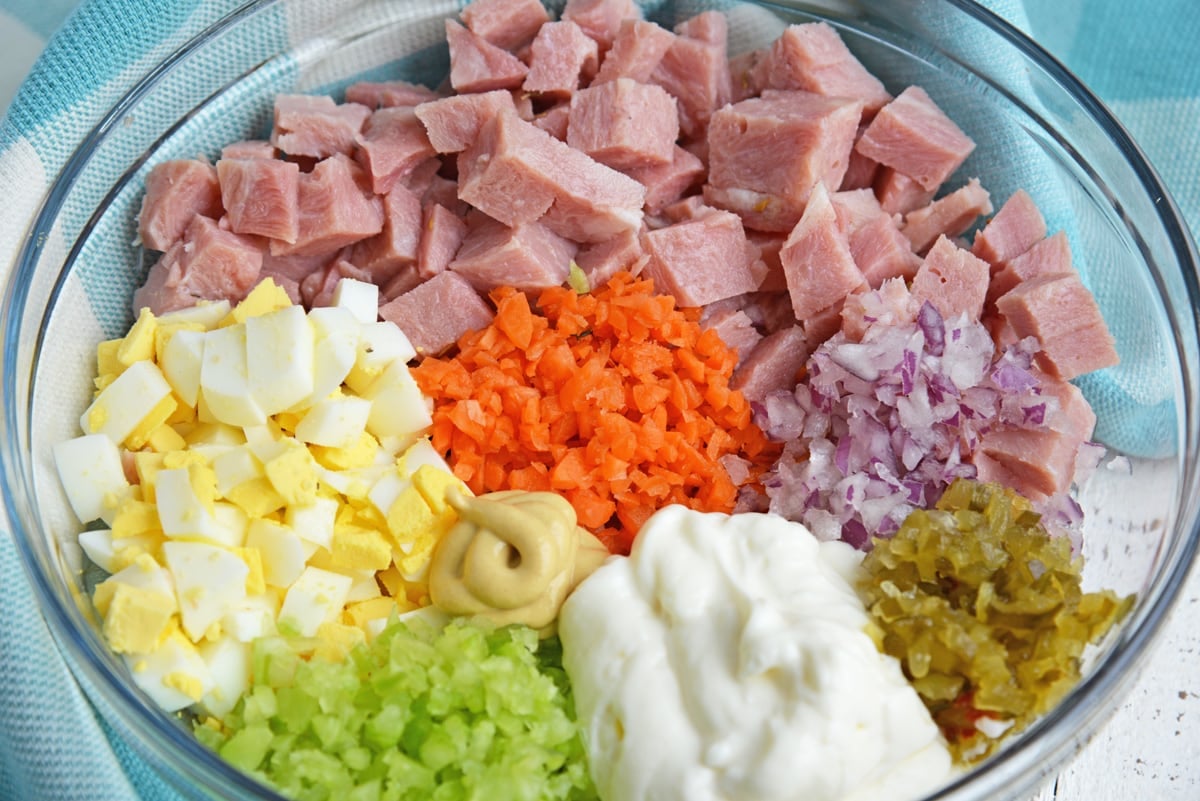 Angle View of ham salad ingredients 