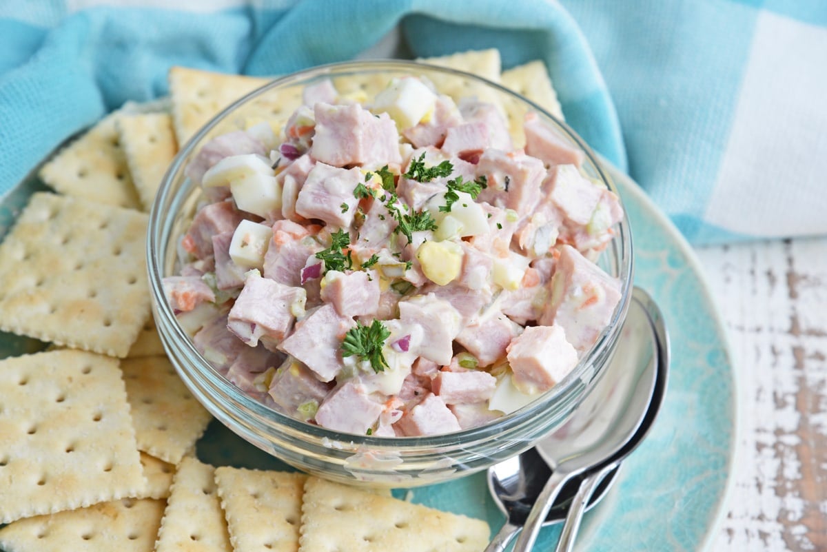 bowl of chopped ham salad spread with saltine crackers 