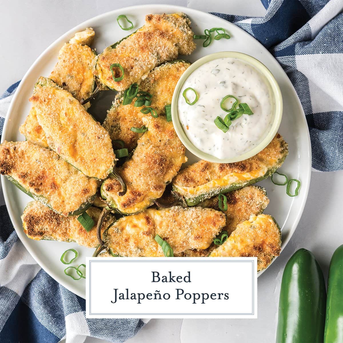 platter of baked jalapeno poppers with text overlay for facebook