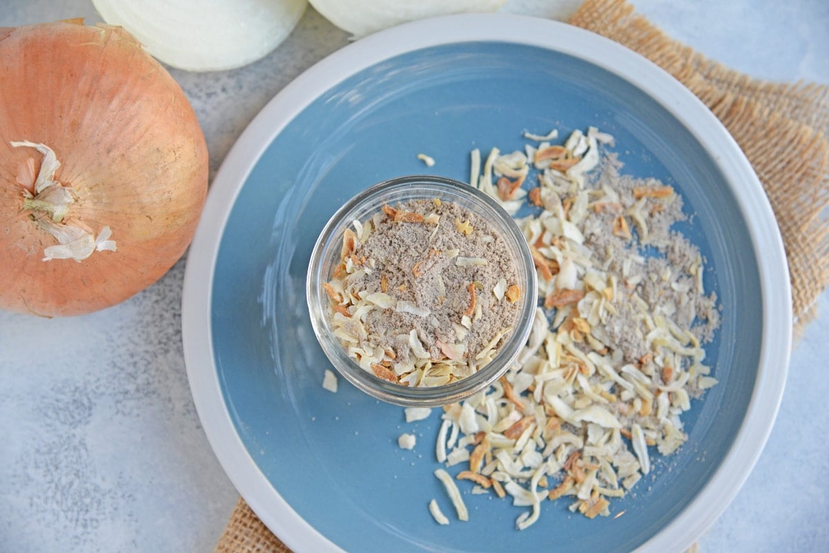 overhead of french onion soup mix in a glass bowl