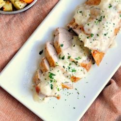 overhead shot of sliced pork tenderloin with creamy sauce