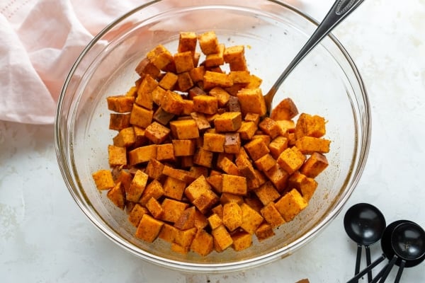 sweet potato cubes in a mixing bowl