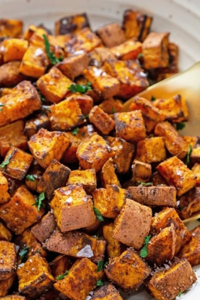 close up of roasted sweet potatoes