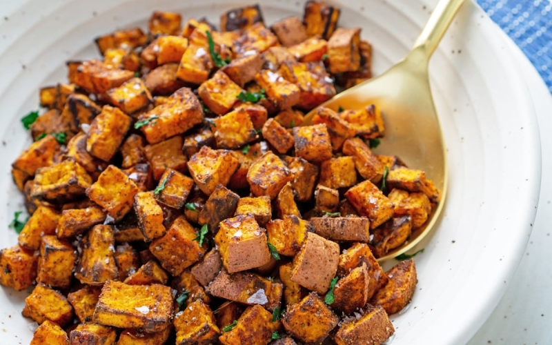 close up of roasted sweet potatoes